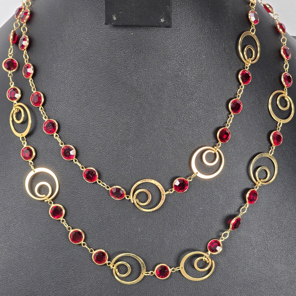 Gold-Tone Ruby Red Swarovski? Faceted Crystal Bezel Set Swirl Circle Necklace 38